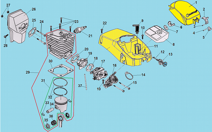 1 ПОРШЕНЬ - ЦИЛИНДР - СВЕЧА - КАРБЮРАТОР - ФИЛЬТР БЕНЗОПИЛА CHAMPION 237-16