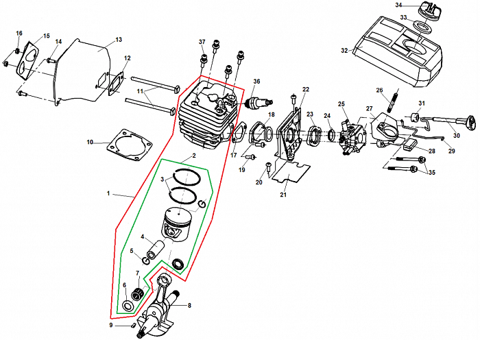 1 ПОРШЕНЬ - ЦИЛИНДР - СВЕЧА - КАРБЮРАТОР - ФИЛЬТР - КОЛЕНВАЛ БЕНЗОПИЛА CHAMPION 55