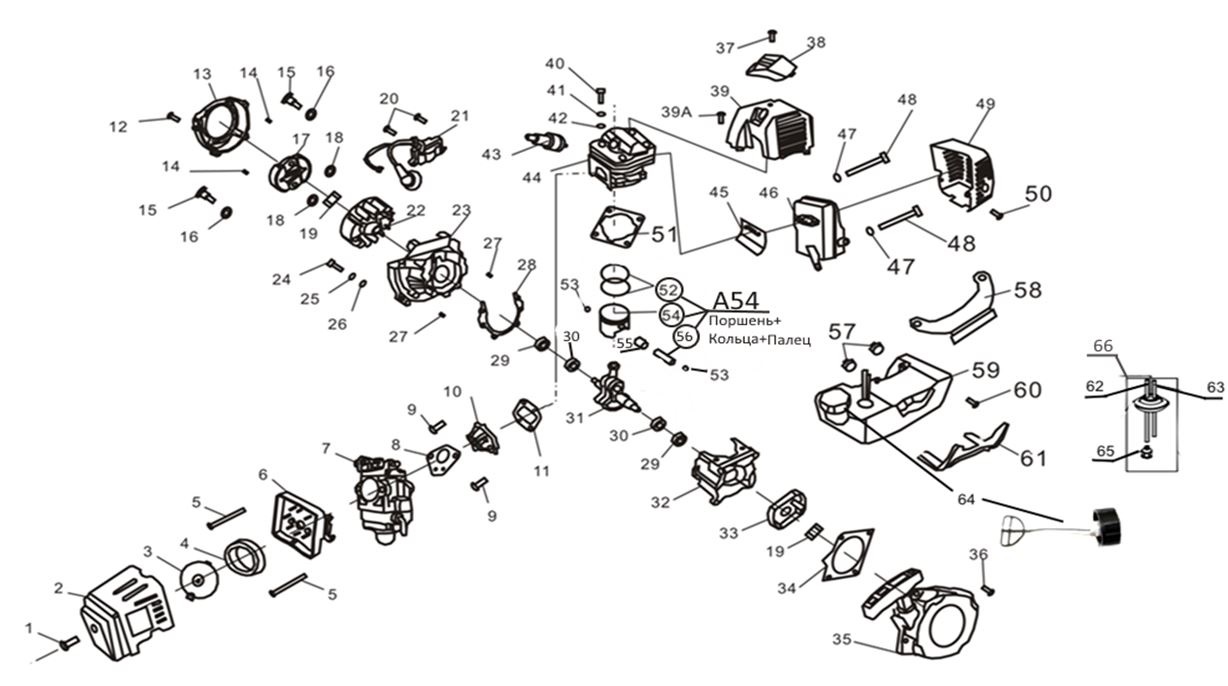 ЗАПЧАСТИ ДЛЯ ТРИММЕРА БЕНЗИНОВОГО ELITECH Т 43Р (2017 ГОД) (ДВИГАТЕЛЬ)