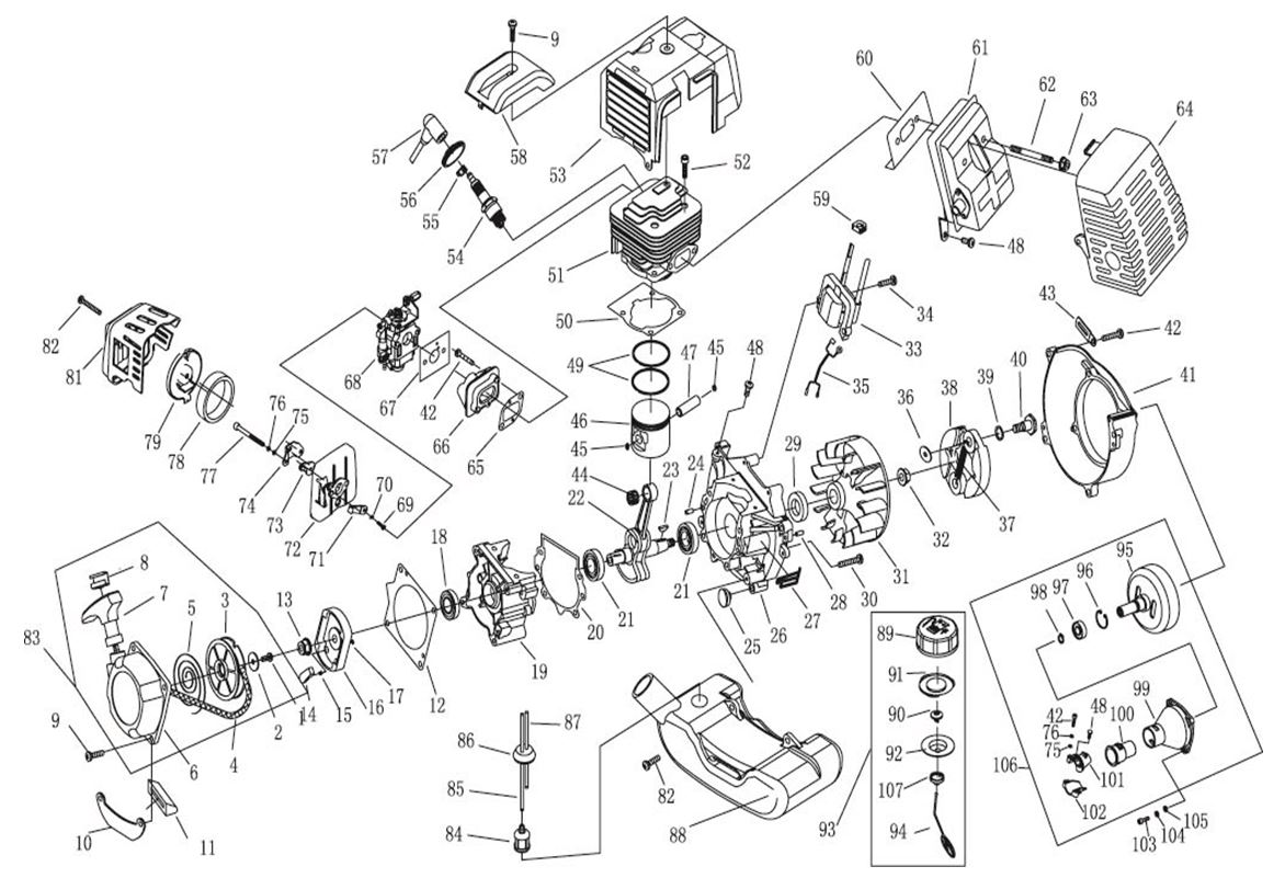 ЗАПЧАСТИ ДЛЯ ТРИММЕРА БЕНЗИНОВОГО ELITECH Т 1250В (ДО 2015 ГОДА) (ДВИГАТЕЛЬ)