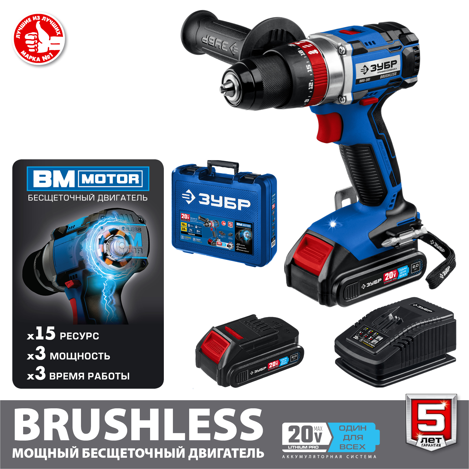 Бесщеточная дрель-шуруповерт ударная, 2 АКБ (2 Ач), в кейсе DBS-201-22